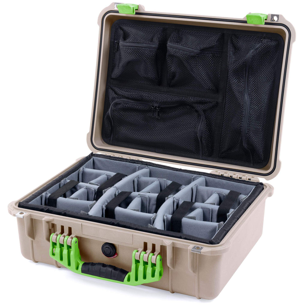 Pelican 1520 Case, Desert Tan with Lime Green Handle &amp; Latches Gray Padded Microfiber Dividers with Mesh Lid Organizer ColorCase 015200-0170-310-300