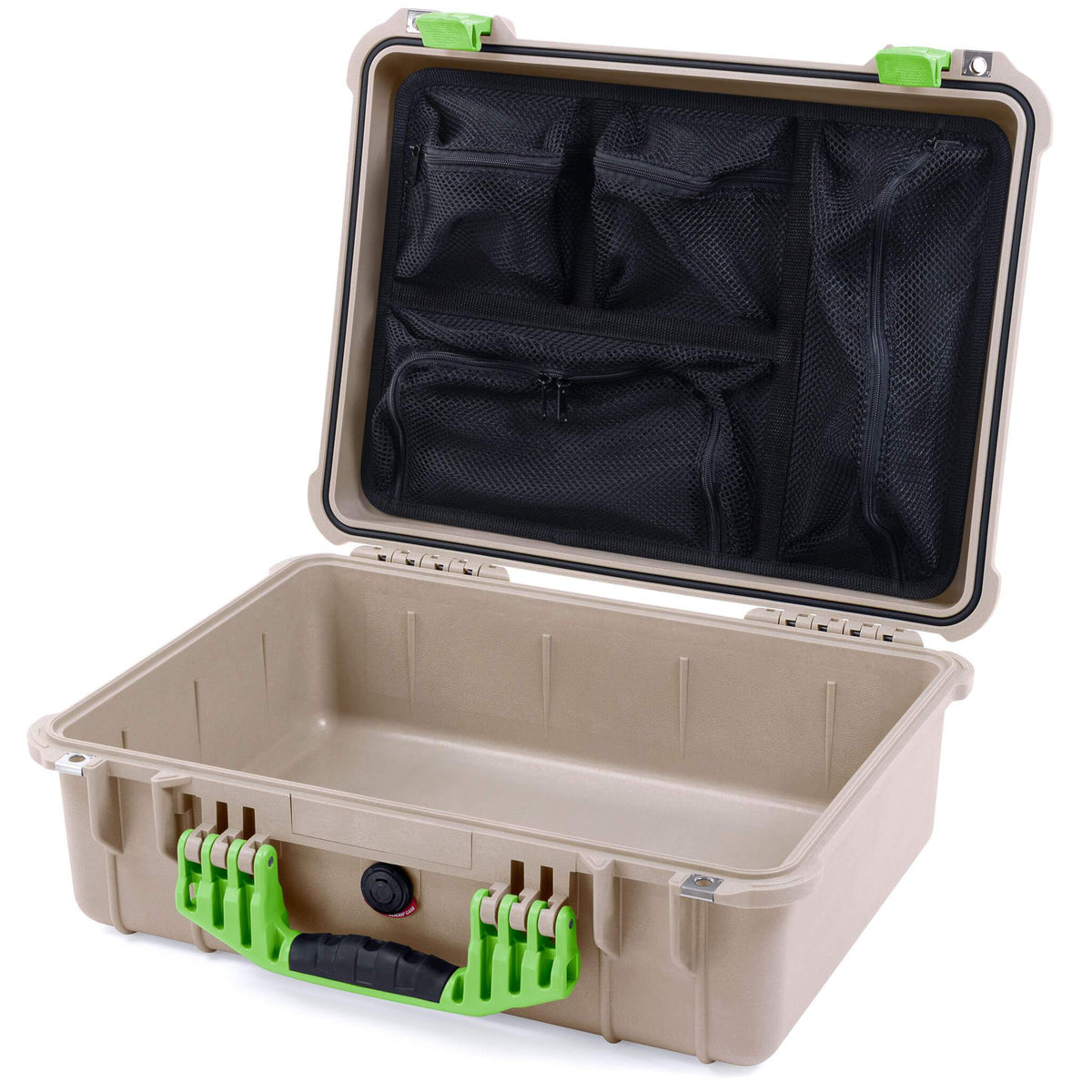 Pelican 1520 Case, Desert Tan with Lime Green Handle &amp; Latches Mesh Lid Organizer Only ColorCase 015200-0100-310-300
