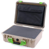 Pelican 1520 Case, Desert Tan with Lime Green Handle & Latches Pick & Pluck Foam with Computer Pouch ColorCase 015200-0201-310-300