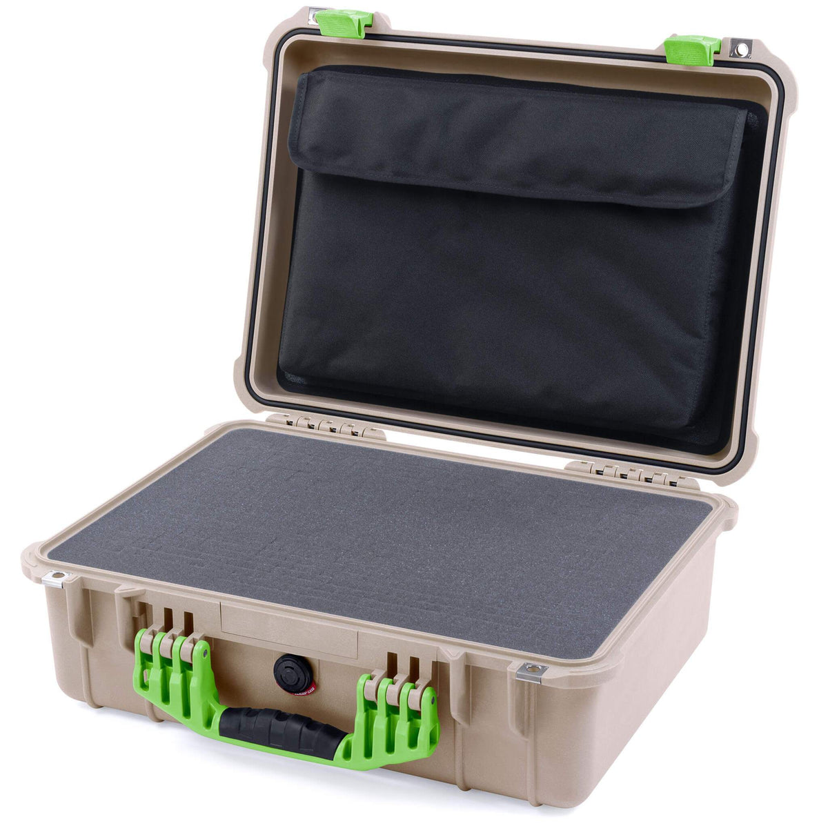 Pelican 1520 Case, Desert Tan with Lime Green Handle &amp; Latches Pick &amp; Pluck Foam with Computer Pouch ColorCase 015200-0201-310-300