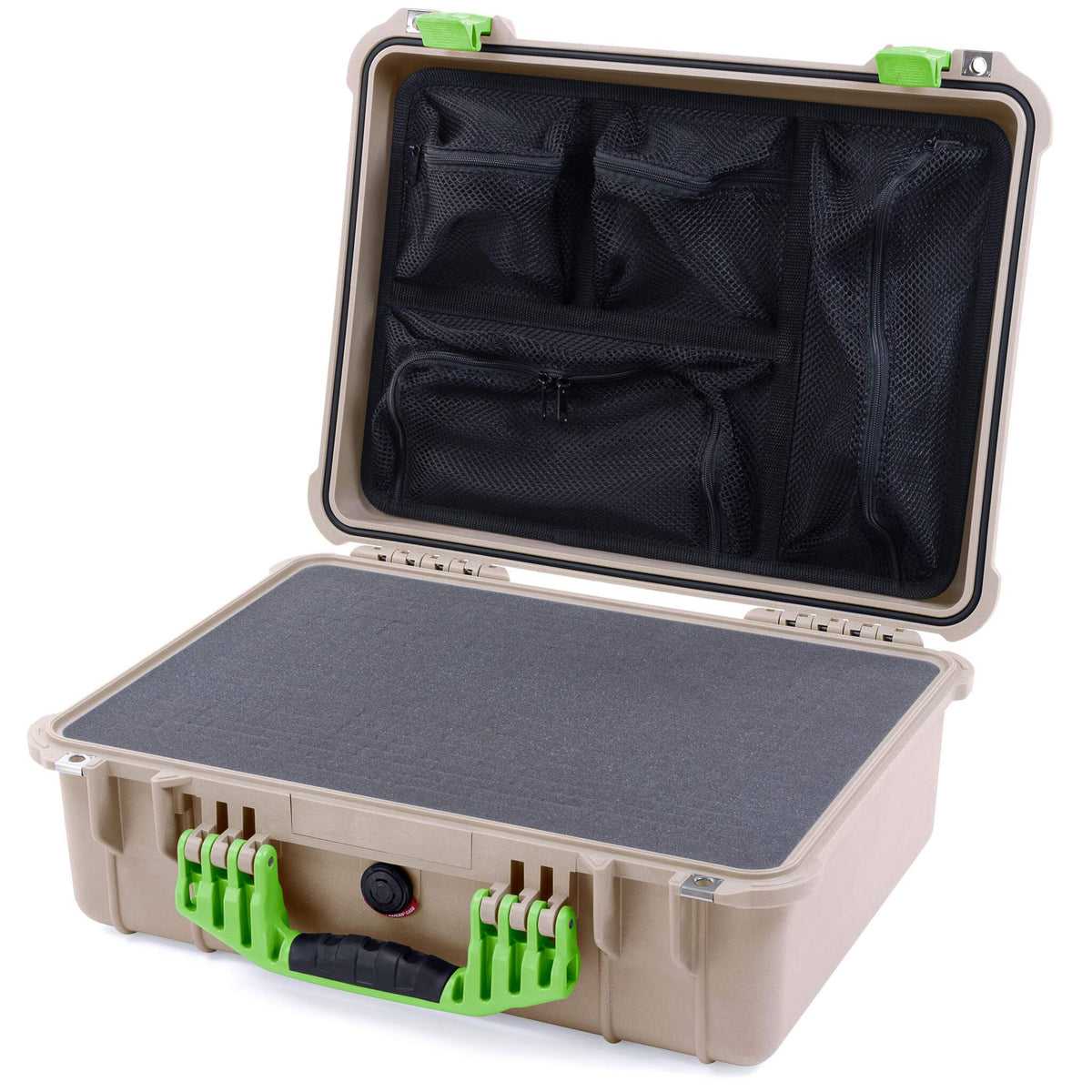 Pelican 1520 Case, Desert Tan with Lime Green Handle &amp; Latches Pick &amp; Pluck Foam with Mesh Lid Organizer ColorCase 015200-0101-310-300