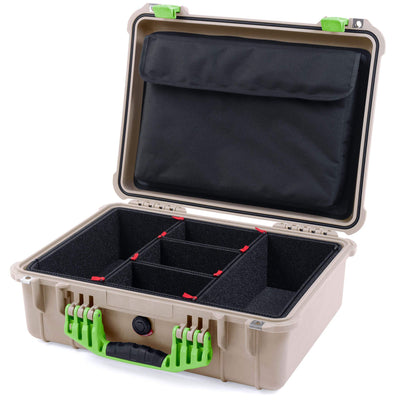 Pelican 1520 Case, Desert Tan with Lime Green Handle & Latches TrekPak Divider System with Computer Pouch ColorCase 015200-0220-310-300