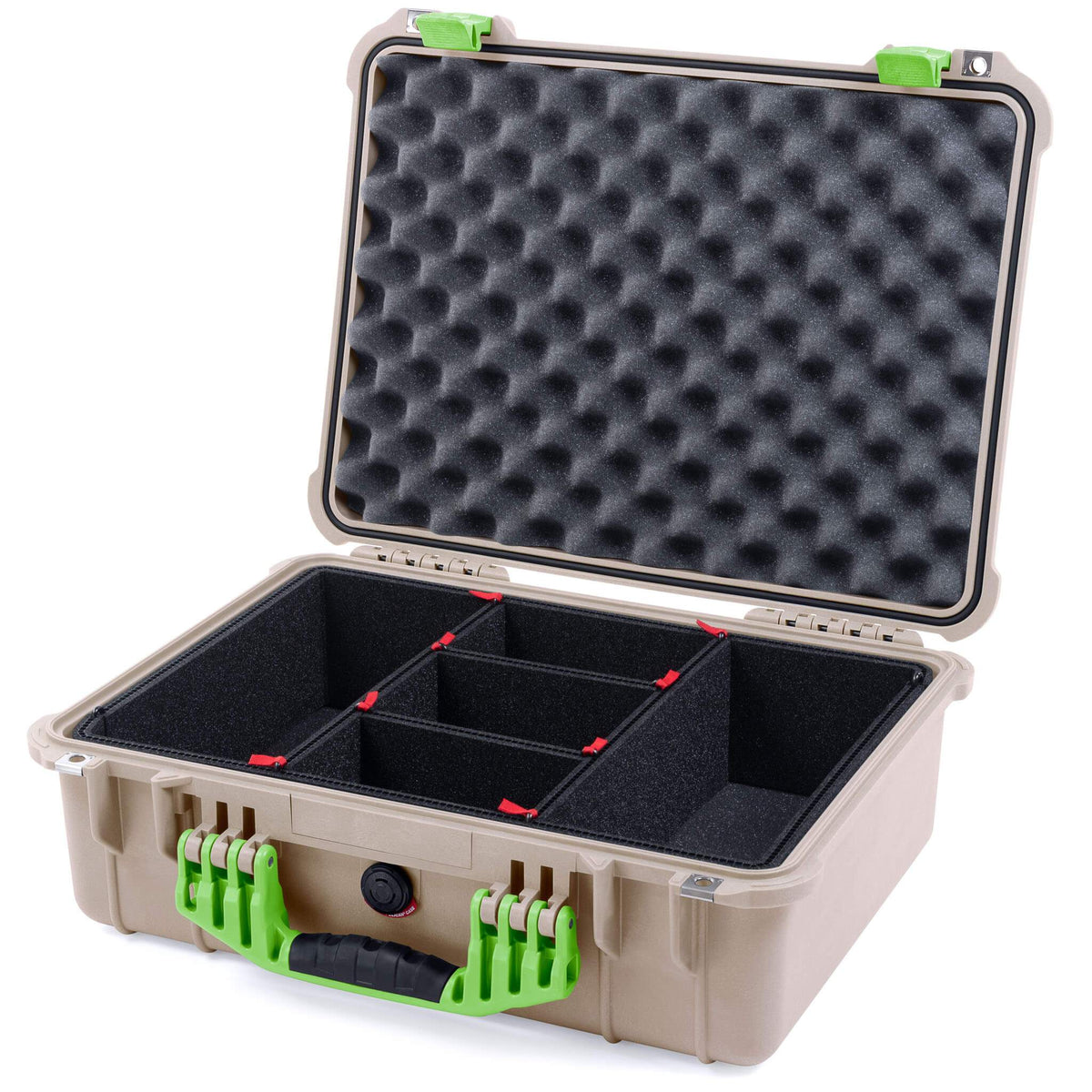 Pelican 1520 Case, Desert Tan with Lime Green Handle &amp; Latches TrekPak Divider System with Convolute Lid Foam ColorCase 015200-0020-310-300