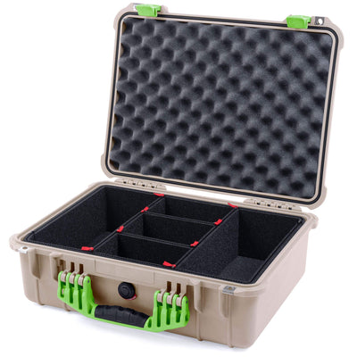 Pelican 1520 Case, Desert Tan with Lime Green Handle & Latches TrekPak Divider System with Convolute Lid Foam ColorCase 015200-0020-310-300