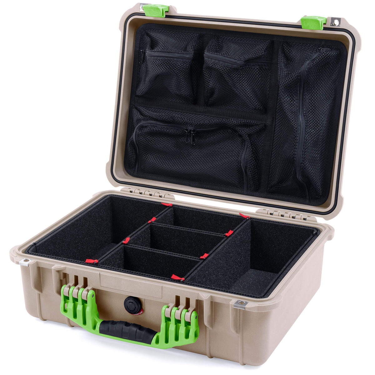 Pelican 1520 Case, Desert Tan with Lime Green Handle &amp; Latches TrekPak Divider System with Mesh Lid Organizer ColorCase 015200-0120-310-300