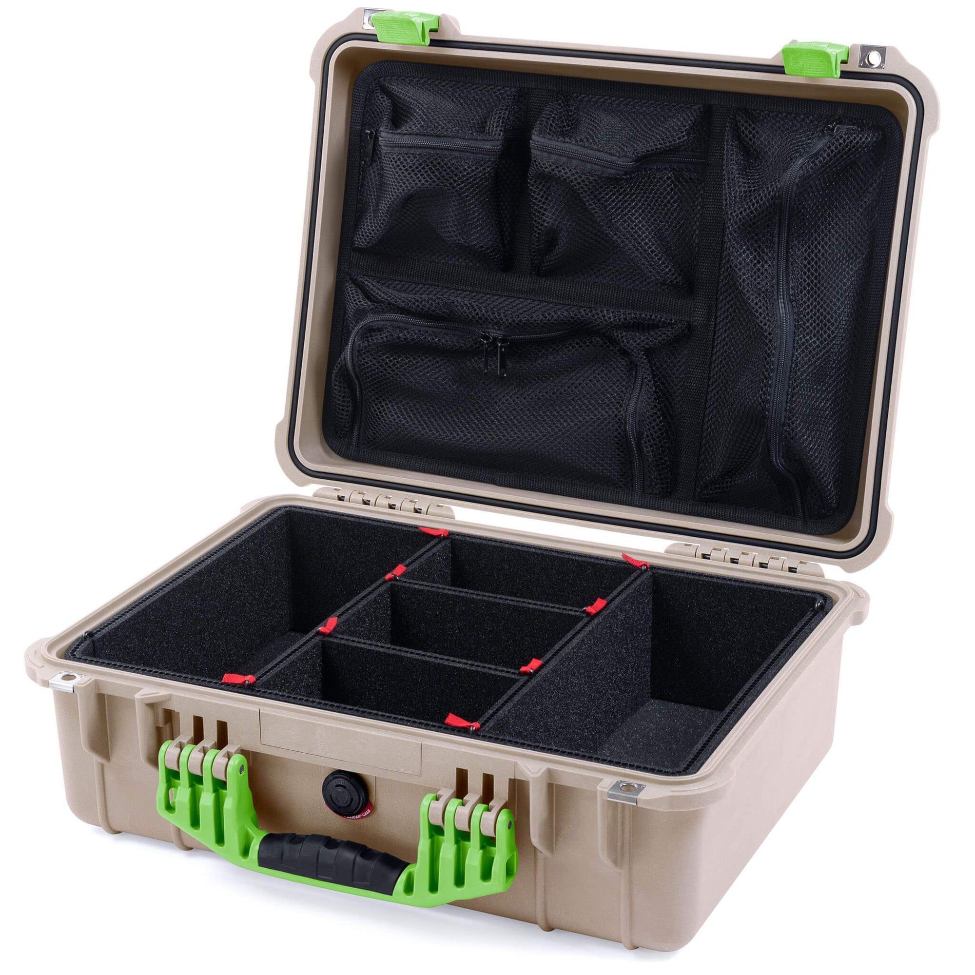 Pelican 1520 Case, Desert Tan with Lime Green Handle & Latches TrekPak Divider System with Mesh Lid Organizer ColorCase 015200-0120-310-300