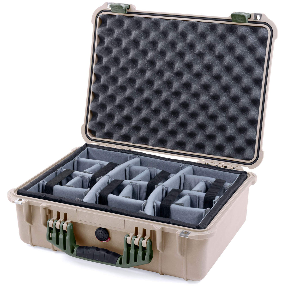 Pelican 1520 Case, Desert Tan with OD Green Handle &amp; Latches Gray Padded Microfiber Dividers with Convolute Lid Foam ColorCase 015200-0070-310-130
