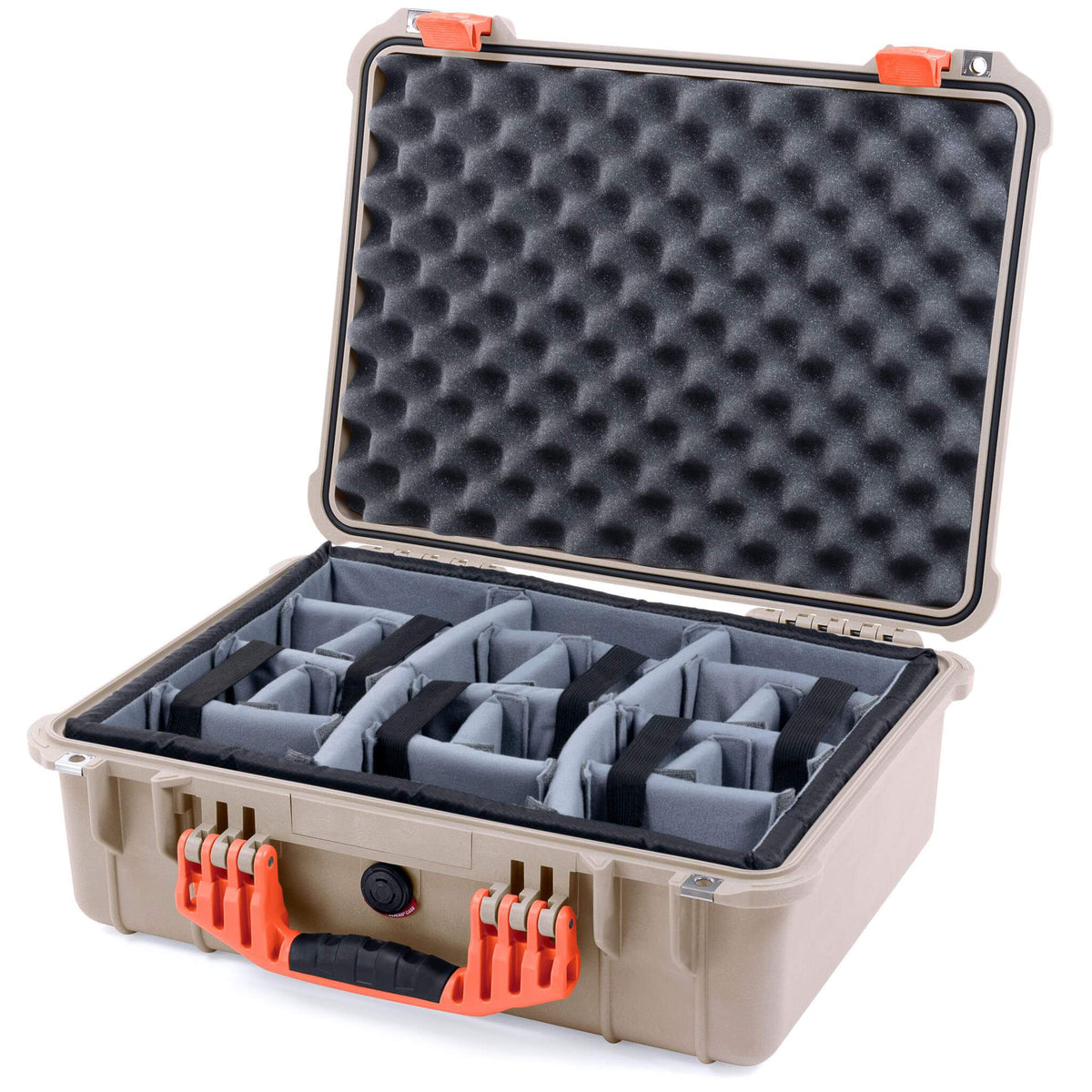 Pelican 1520 Case, Desert Tan with Orange Handle &amp; Latches Gray Padded Microfiber Dividers with Convolute Lid Foam ColorCase 015200-0070-310-150