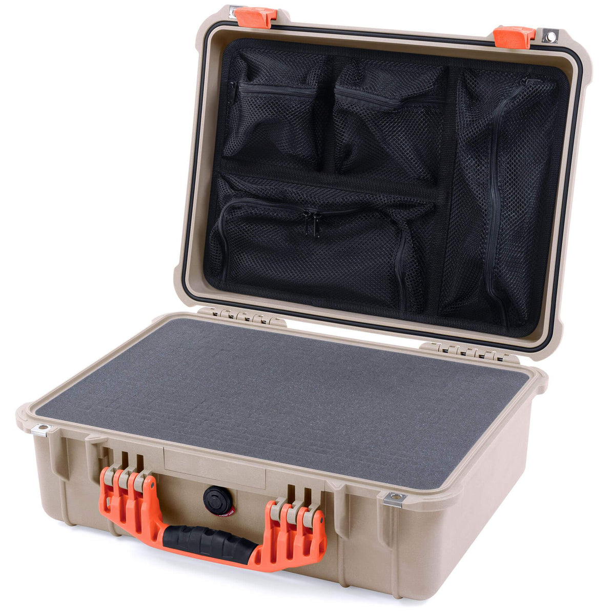 Pelican 1520 Case, Desert Tan with Orange Handle &amp; Latches Pick &amp; Pluck Foam with Mesh Lid Organizer ColorCase 015200-0101-310-150