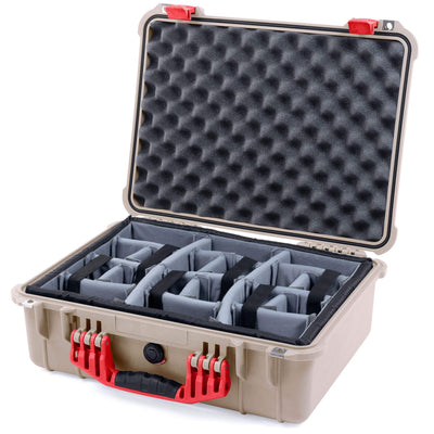 Pelican 1520 Case, Desert Tan with Red Handle & Latches Gray Padded Microfiber Dividers with Convolute Lid Foam ColorCase 015200-0070-310-320