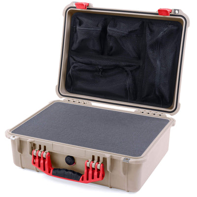 Pelican 1520 Case, Desert Tan with Red Handle & Latches Pick & Pluck Foam with Mesh Lid Organizer ColorCase 015200-0101-310-320