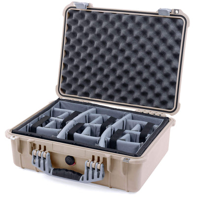 Pelican 1520 Case, Desert Tan with Silver Handle & Latches Gray Padded Microfiber Dividers with Convolute Lid Foam ColorCase 015200-0070-310-180