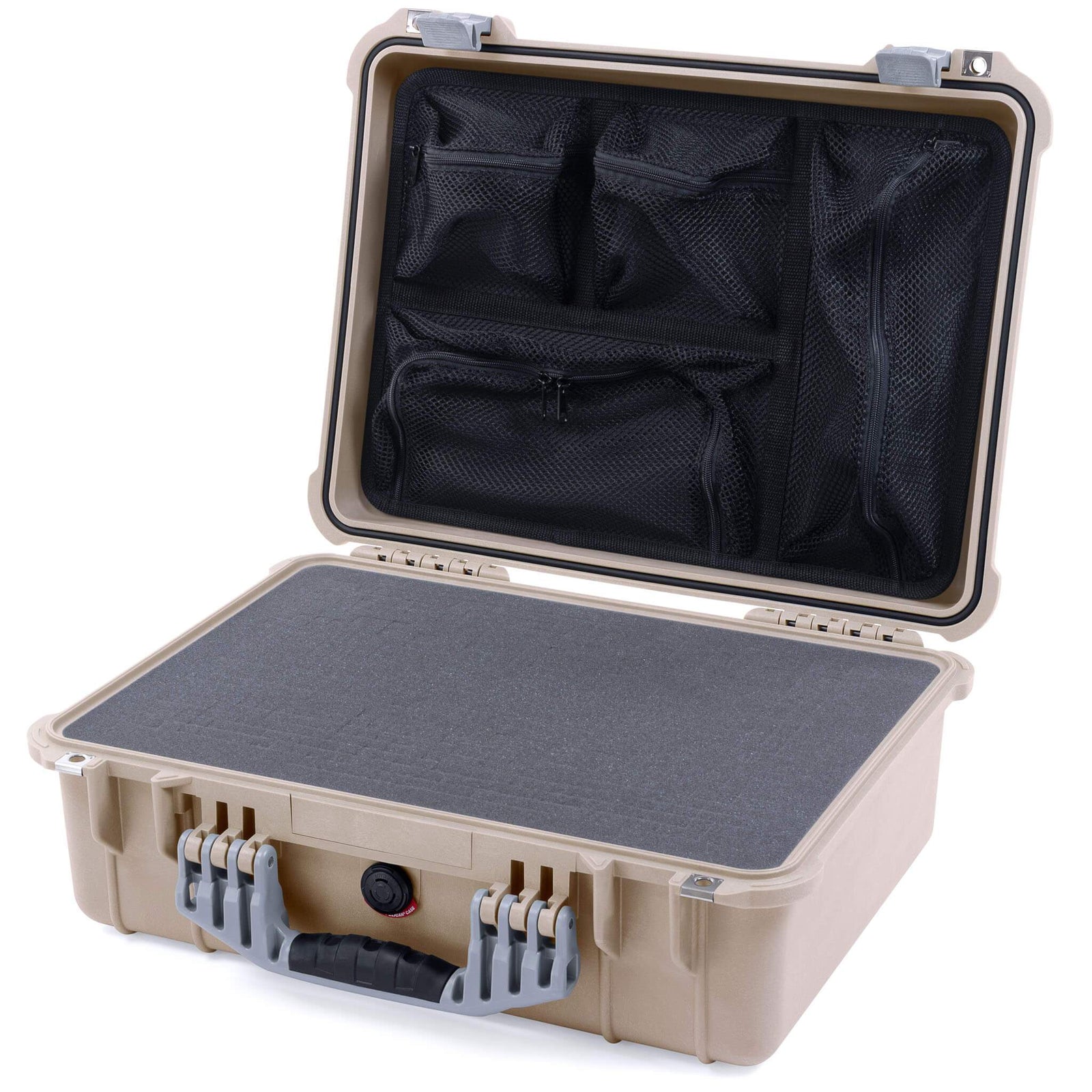 Pelican 1520 Case, Desert Tan with Silver Handle & Latches Pick & Pluck Foam with Mesh Lid Organizer ColorCase 015200-0101-310-180