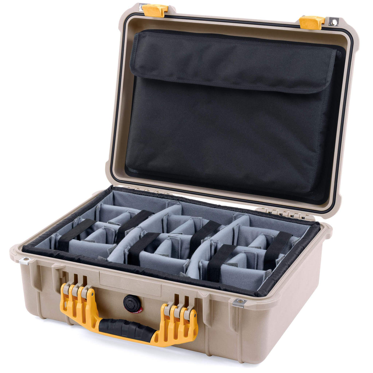 Pelican 1520 Case, Desert Tan with Yellow Handle &amp; Latches Gray Padded Microfiber Dividers with Computer Pouch ColorCase 015200-0270-310-240