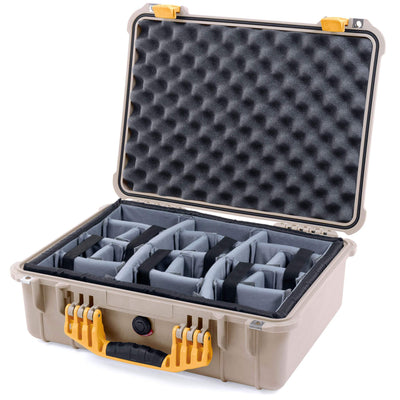 Pelican 1520 Case, Desert Tan with Yellow Handle & Latches Gray Padded Microfiber Dividers with Convolute Lid Foam ColorCase 015200-0070-310-240
