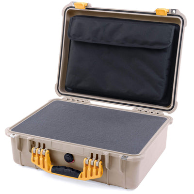 Pelican 1520 Case, Desert Tan with Yellow Handle & Latches Pick & Pluck Foam with Computer Pouch ColorCase 015200-0201-310-240