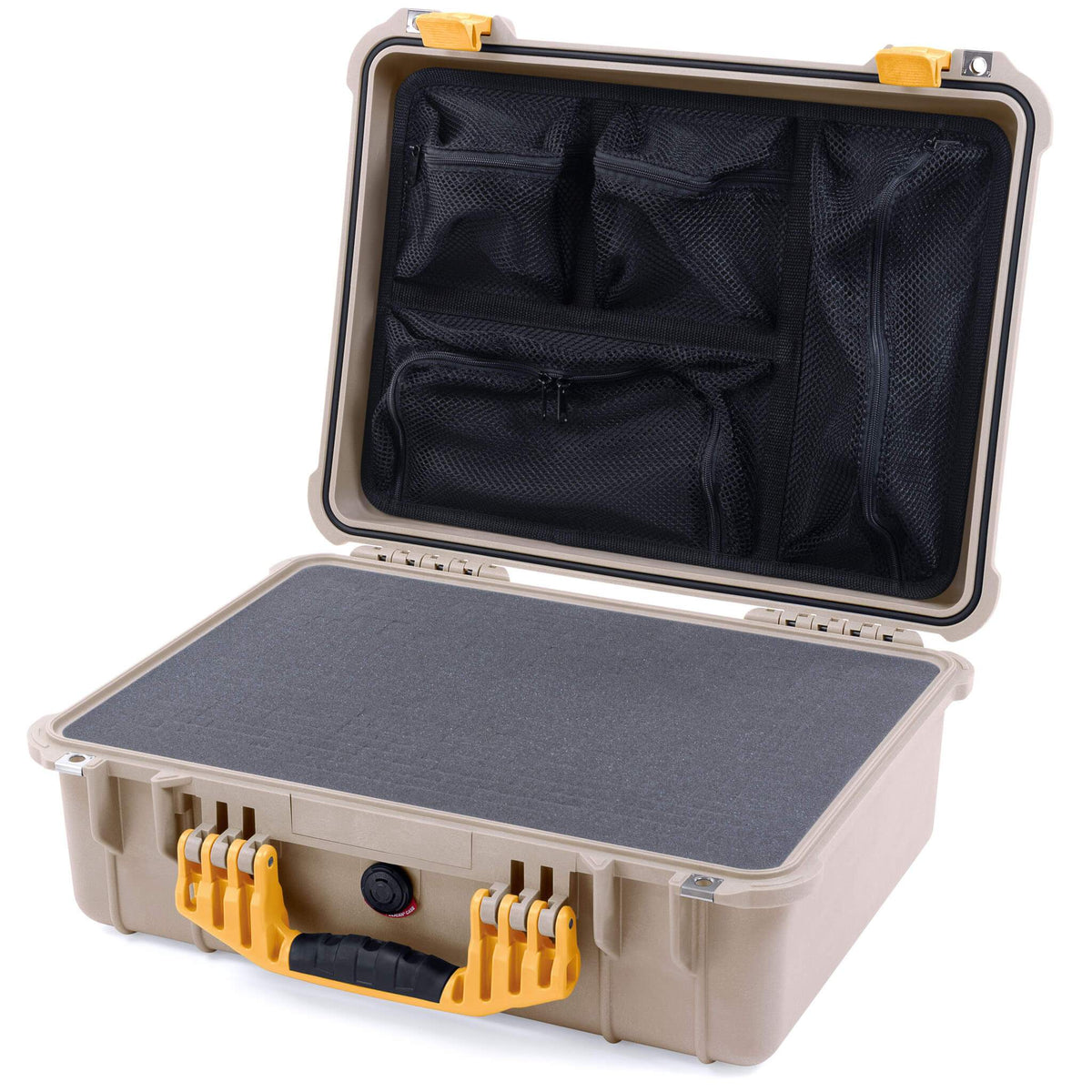 Pelican 1520 Case, Desert Tan with Yellow Handle &amp; Latches Pick &amp; Pluck Foam with Mesh Lid Organizer ColorCase 015200-0101-310-240