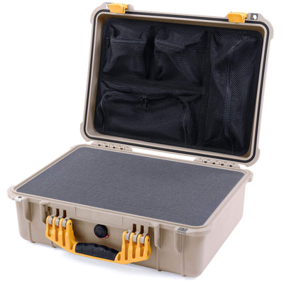Pelican 1520 Case, Desert Tan with Yellow Handle & Latches Pick & Pluck Foam with Mesh Lid Organizer ColorCase 015200-0101-310-240