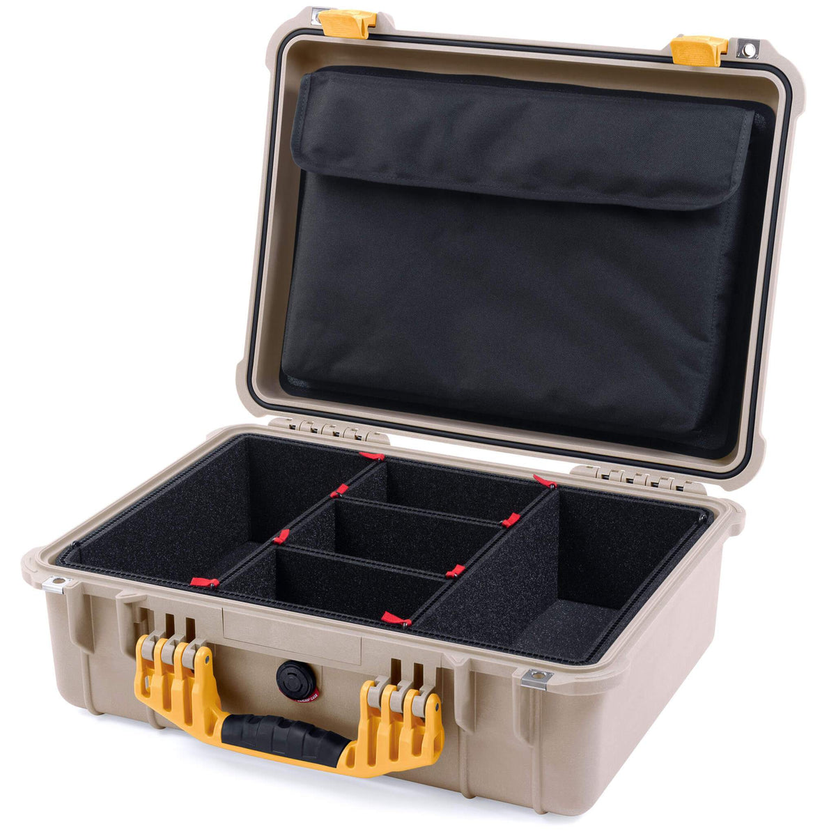 Pelican 1520 Case, Desert Tan with Yellow Handle &amp; Latches TrekPak Divider System with Computer Pouch ColorCase 015200-0220-310-240