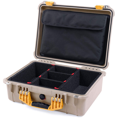 Pelican 1520 Case, Desert Tan with Yellow Handle & Latches TrekPak Divider System with Computer Pouch ColorCase 015200-0220-310-240