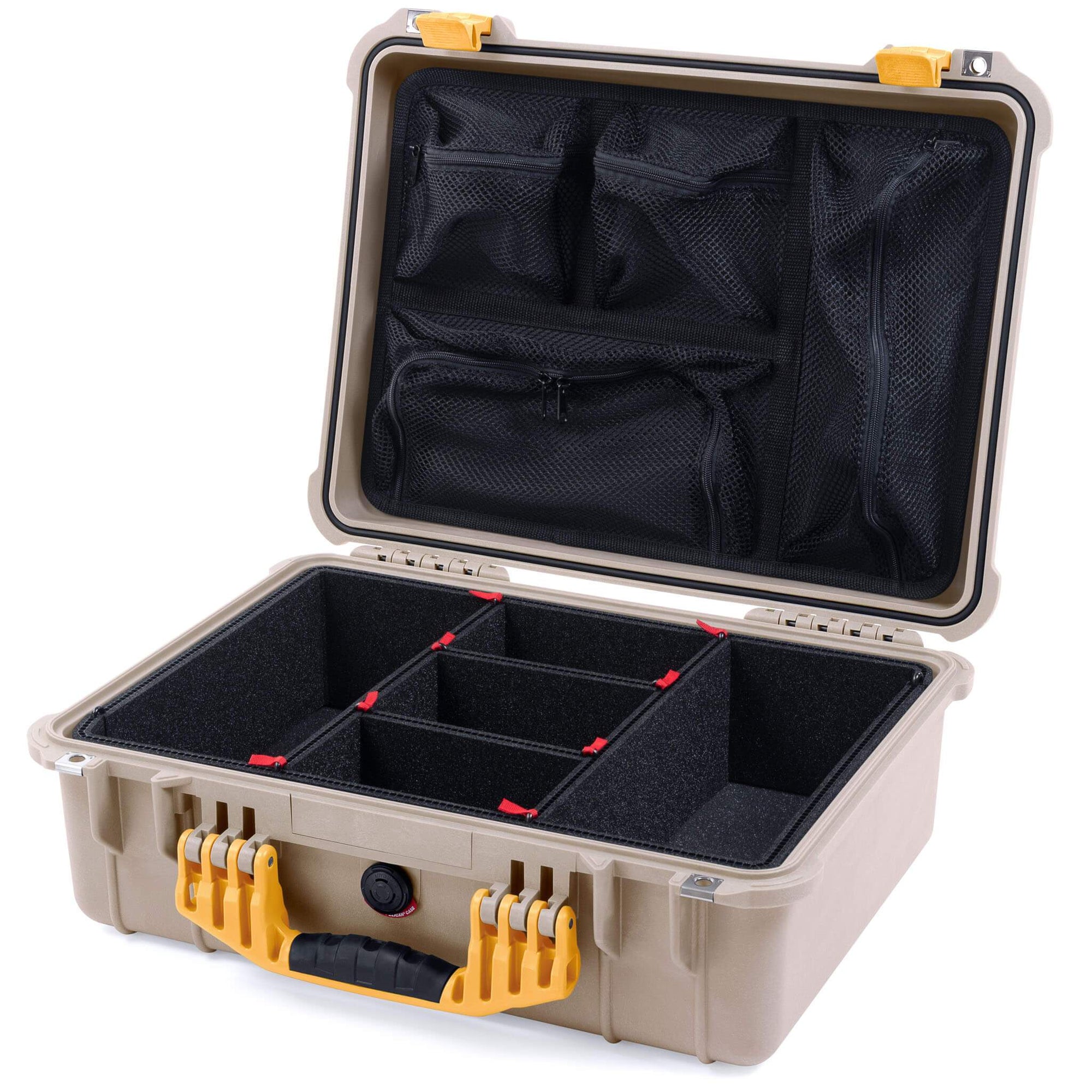 Pelican 1520 Case, Desert Tan with Yellow Handle & Latches TrekPak Divider System with Mesh Lid Organizer ColorCase 015200-0120-310-240