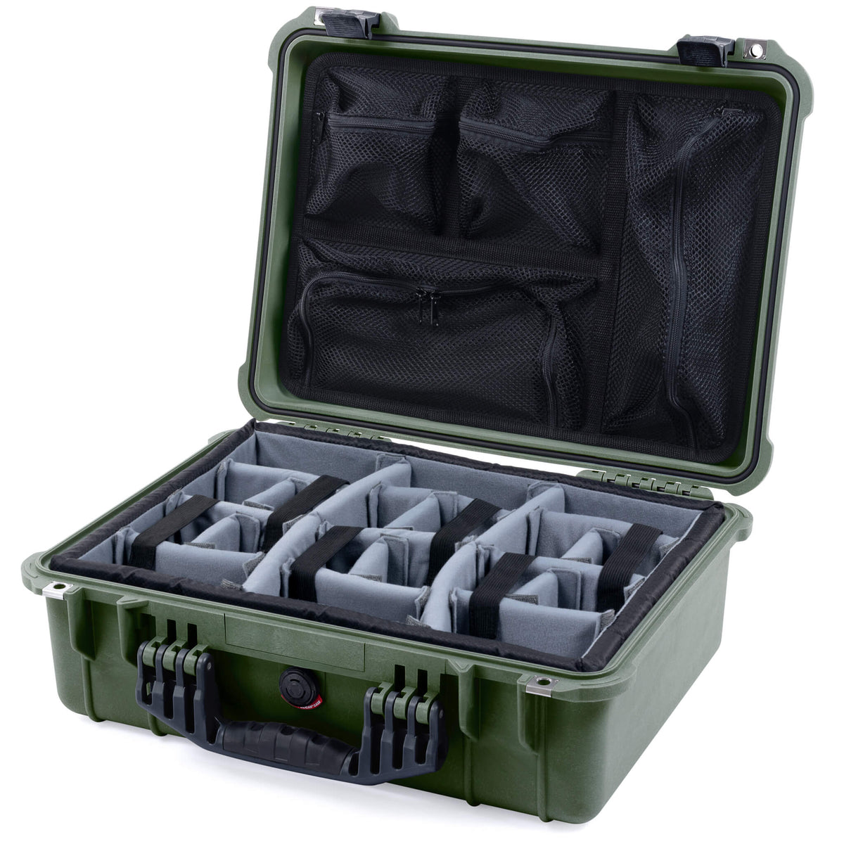 Pelican 1520 Case, OD Green with Black Handle &amp; Latches Gray Padded Microfiber Dividers with Mesh Lid Organizer ColorCase 015200-0170-130-110