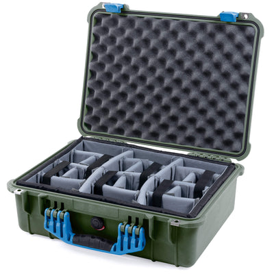 Pelican 1520 Case, OD Green with Blue Handle & Latches Gray Padded Microfiber Dividers with Convolute Lid Foam ColorCase 015200-0070-130-120