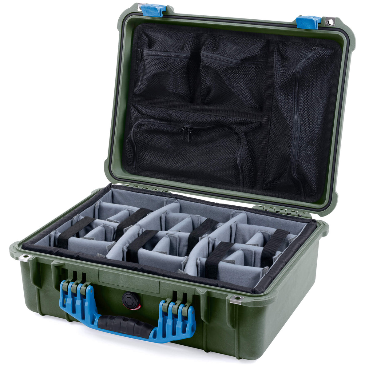 Pelican 1520 Case, OD Green with Blue Handle &amp; Latches Gray Padded Microfiber Dividers with Mesh Lid Organizer ColorCase 015200-0170-130-120