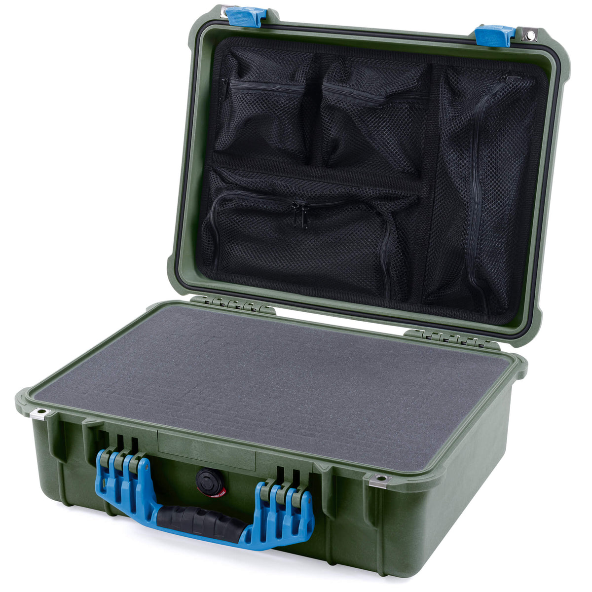 Pelican 1520 Case, OD Green with Blue Handle &amp; Latches Pick &amp; Pluck Foam with Mesh Lid Organizer ColorCase 015200-0101-130-120