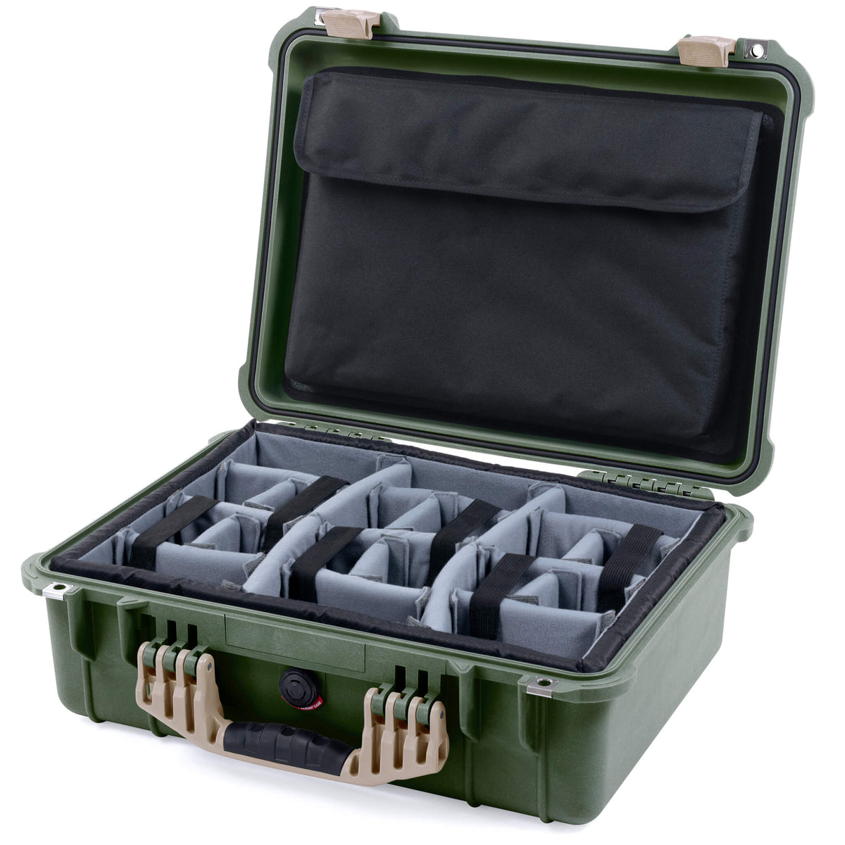 Pelican 1520 Case, OD Green with Desert Tan Handle &amp; Latches Gray Padded Microfiber Dividers with Computer Pouch ColorCase 015200-0270-130-310