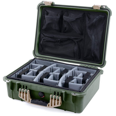 Pelican 1520 Case, OD Green with Desert Tan Handle & Latches Gray Padded Microfiber Dividers with Mesh Lid Organizer ColorCase 015200-0170-130-310