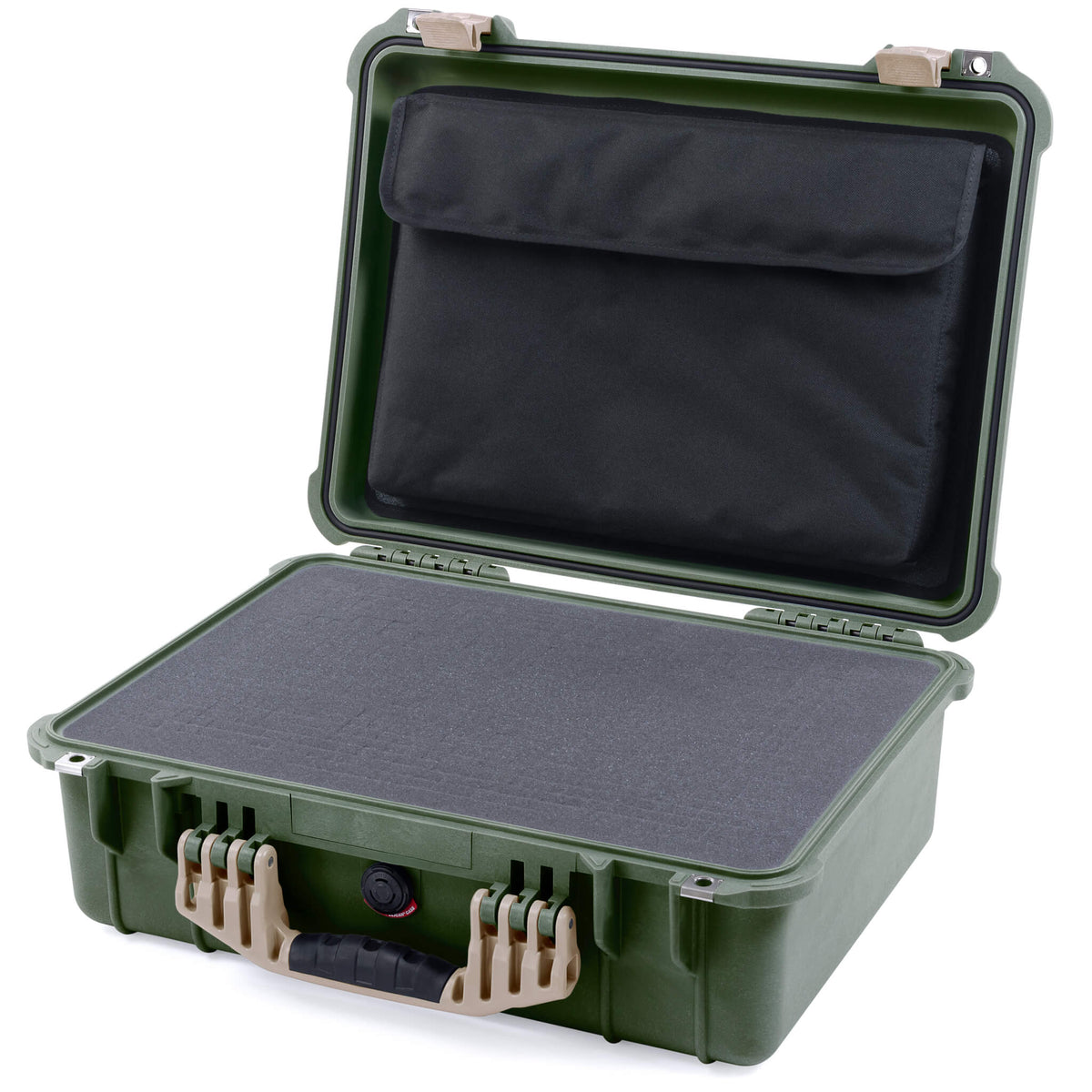 Pelican 1520 Case, OD Green with Desert Tan Handle &amp; Latches Pick &amp; Pluck Foam with Computer Pouch ColorCase 015200-0201-130-310