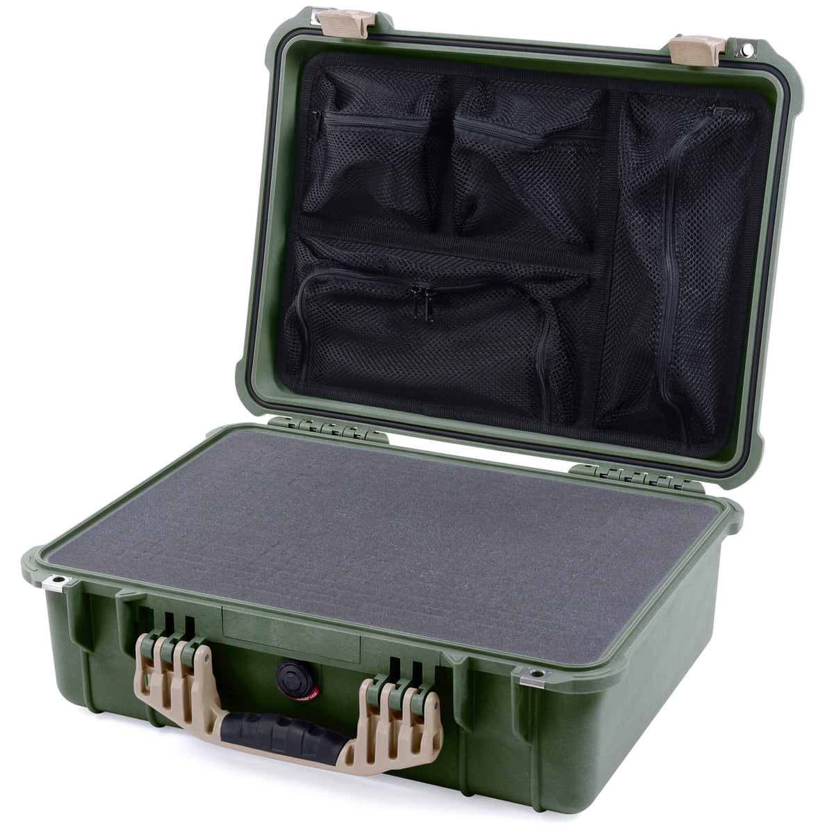 Pelican 1520 Case, OD Green with Desert Tan Handle &amp; Latches Pick &amp; Pluck Foam with Mesh Lid Organizer ColorCase 015200-0101-130-310