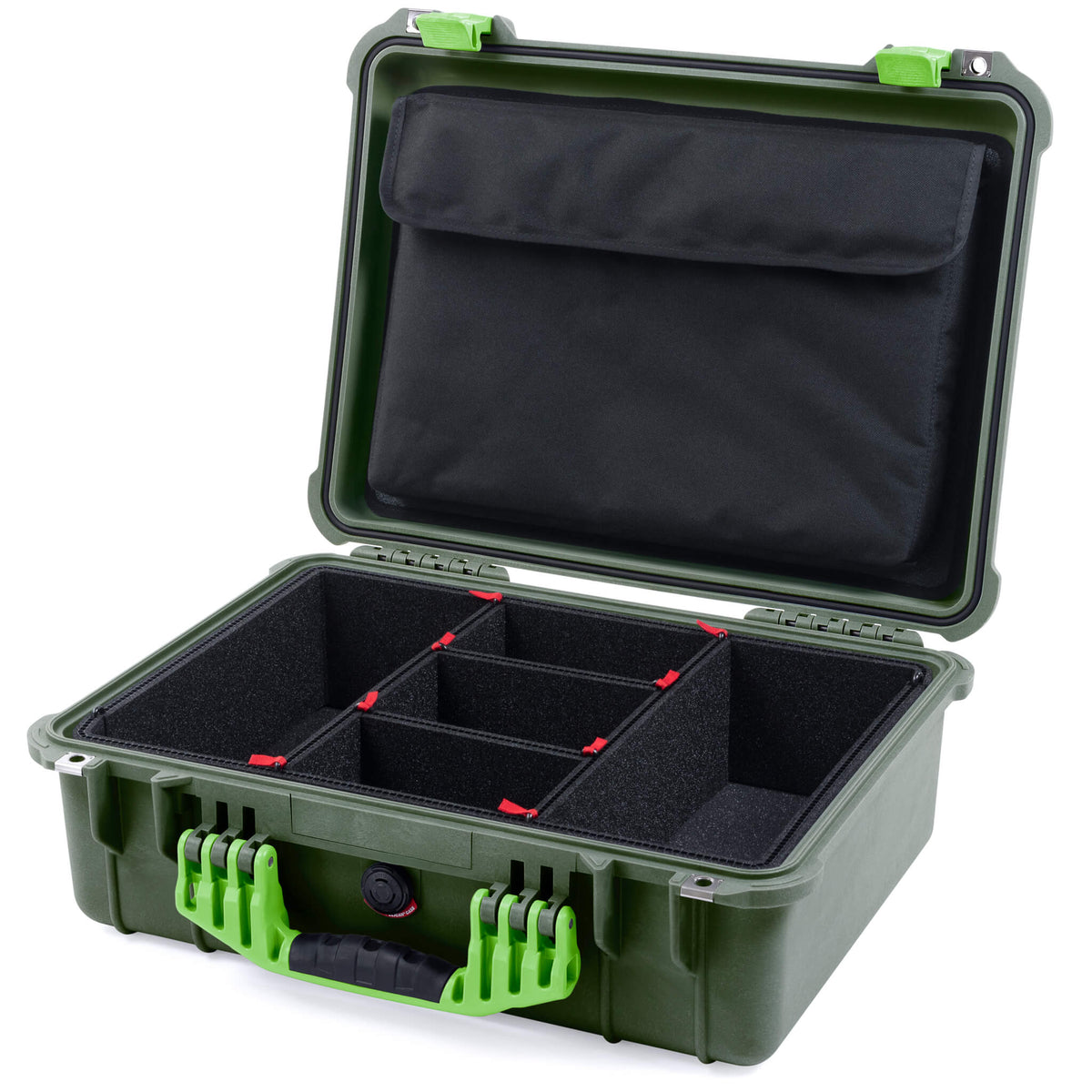 Pelican 1520 Case, OD Green with Lime Green Handle &amp; Latches TrekPak Divider System with Computer Pouch ColorCase 015200-0220-130-300