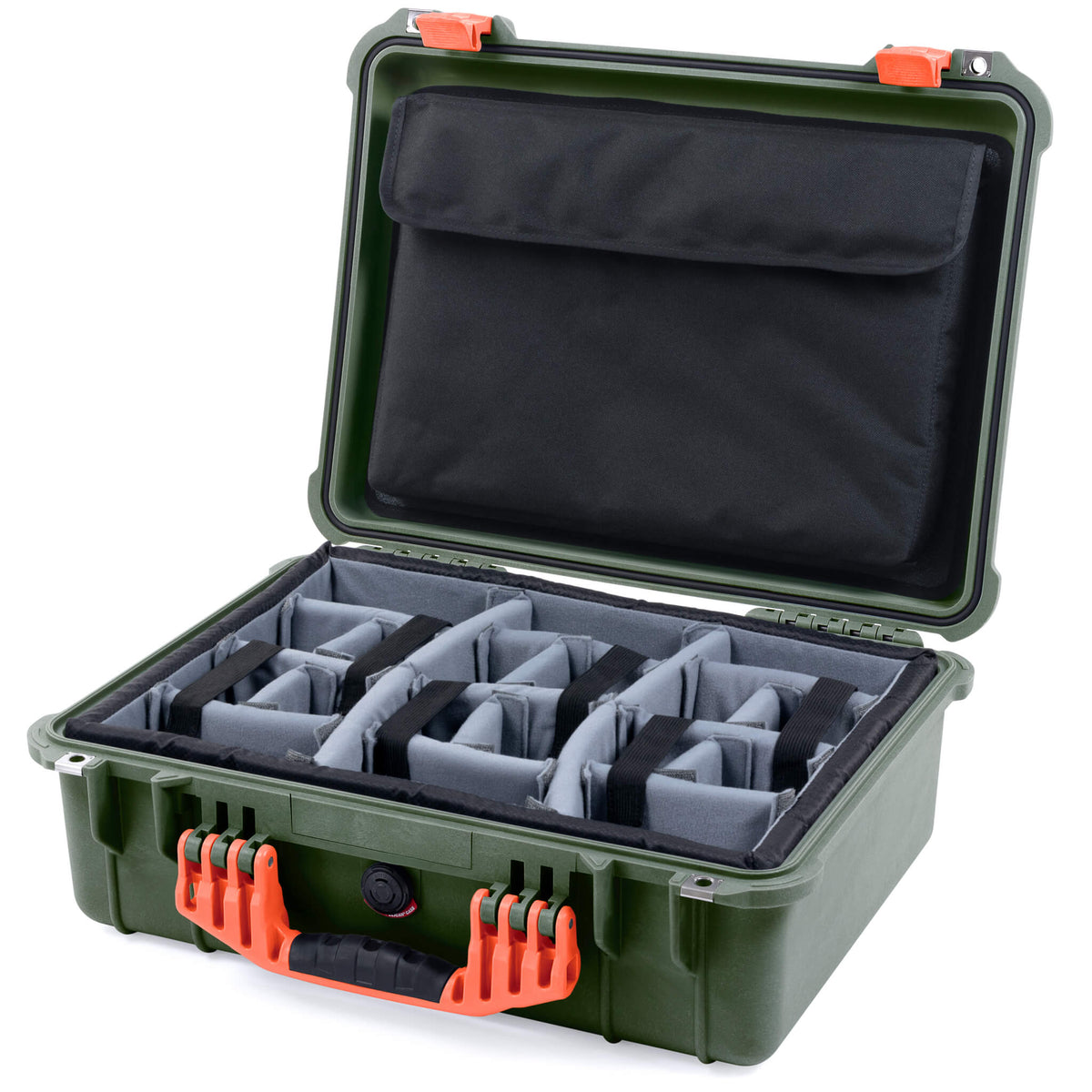 Pelican 1520 Case, OD Green with Orange Handle &amp; Latches Gray Padded Microfiber Dividers with Computer Pouch ColorCase 015200-0270-130-150