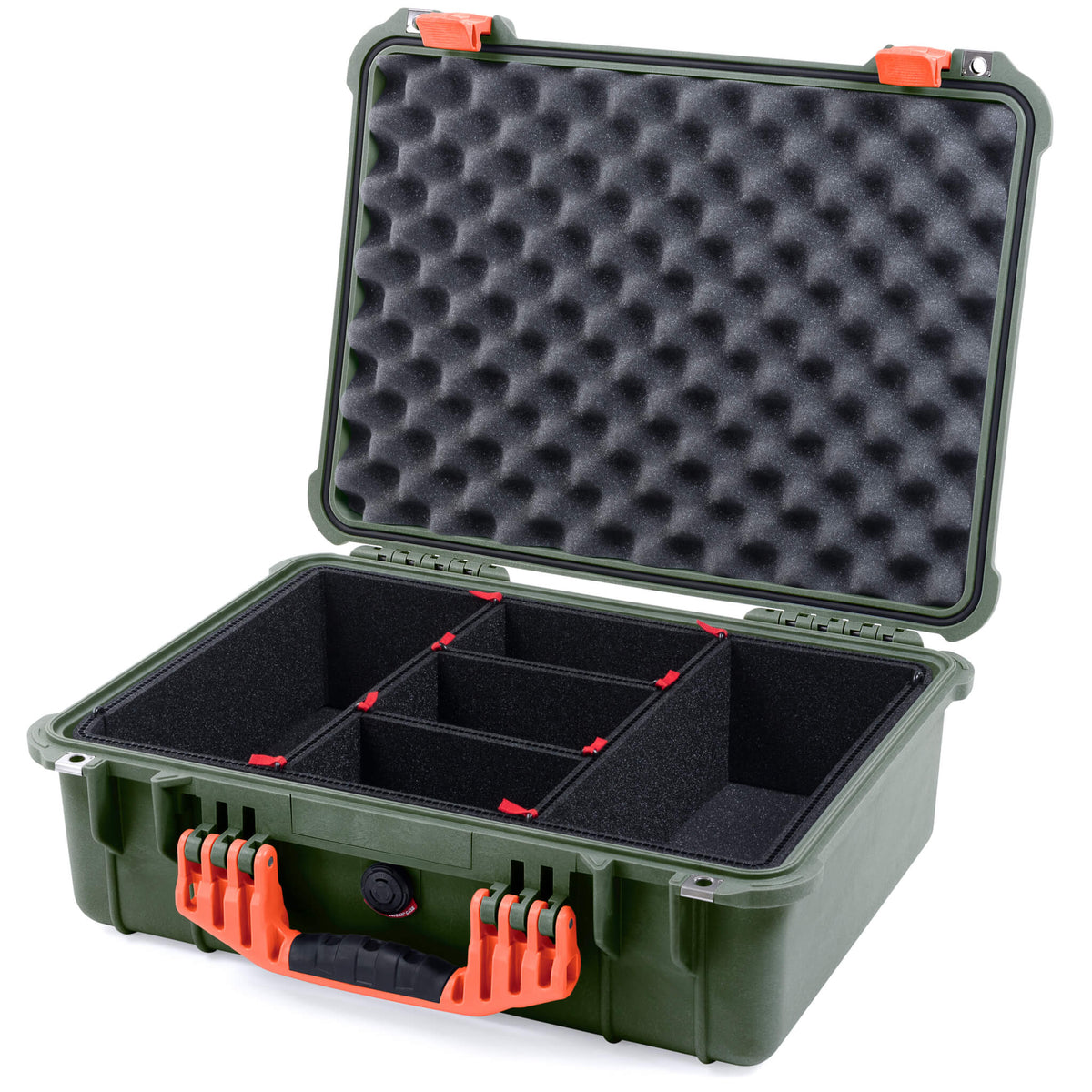 Pelican 1520 Case, OD Green with Orange Handle &amp; Latches TrekPak Divider System with Convolute Lid Foam ColorCase 015200-0020-130-150