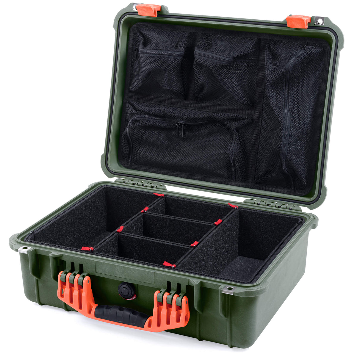 Pelican 1520 Case, OD Green with Orange Handle &amp; Latches TrekPak Divider System with Mesh Lid Organizer ColorCase 015200-0120-130-150