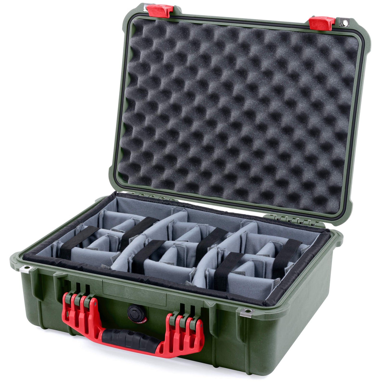 Pelican 1520 Case, OD Green with Red Handle & Latches Gray Padded Microfiber Dividers with Convolute Lid Foam ColorCase 015200-0070-130-320
