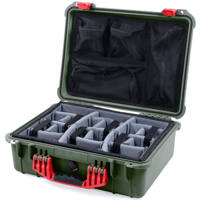 Pelican 1520 Case, OD Green with Red Handle & Latches Gray Padded Microfiber Dividers with Mesh Lid Organizer ColorCase 015200-0170-130-320
