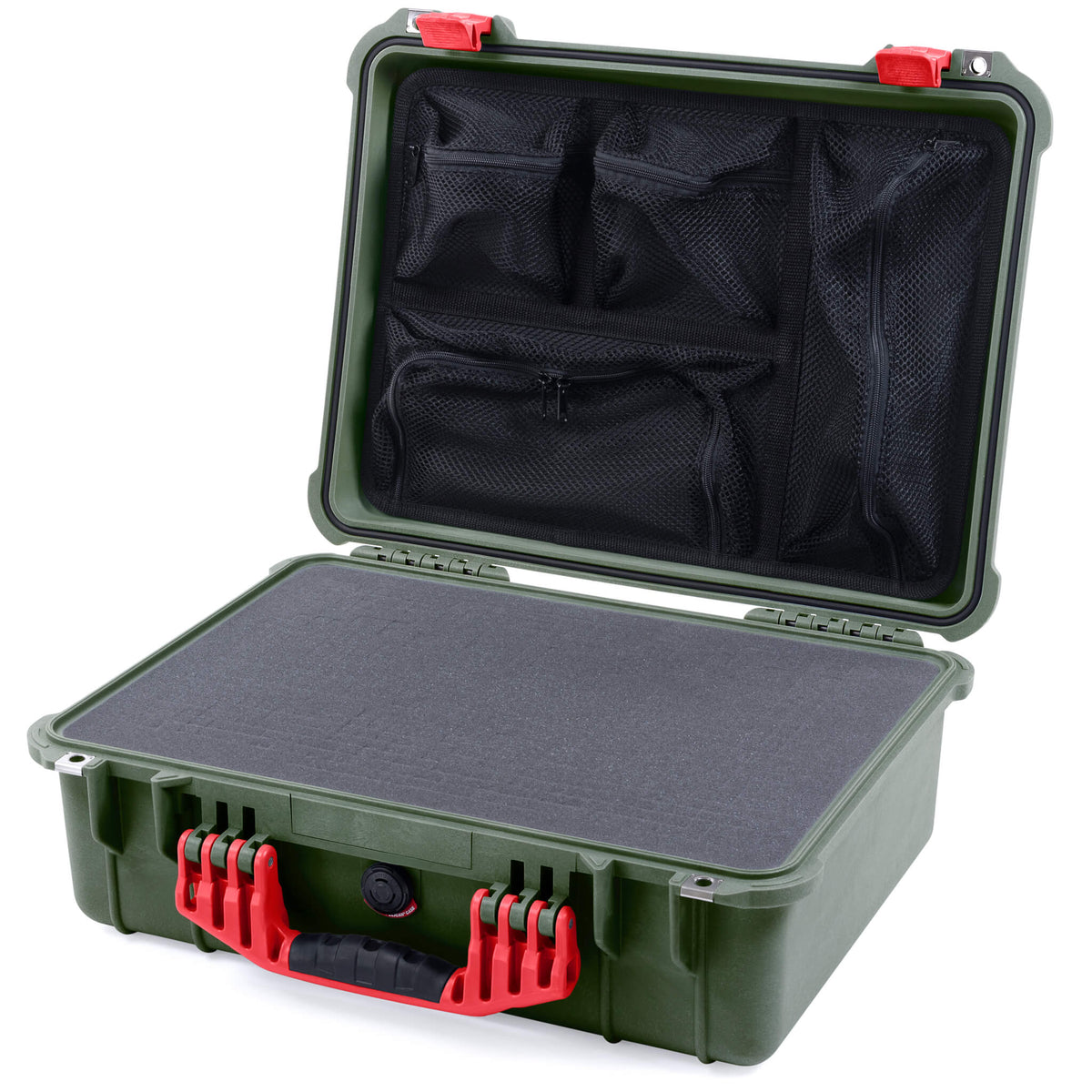 Pelican 1520 Case, OD Green with Red Handle &amp; Latches Pick &amp; Pluck Foam with Mesh Lid Organizer ColorCase 015200-0101-130-320