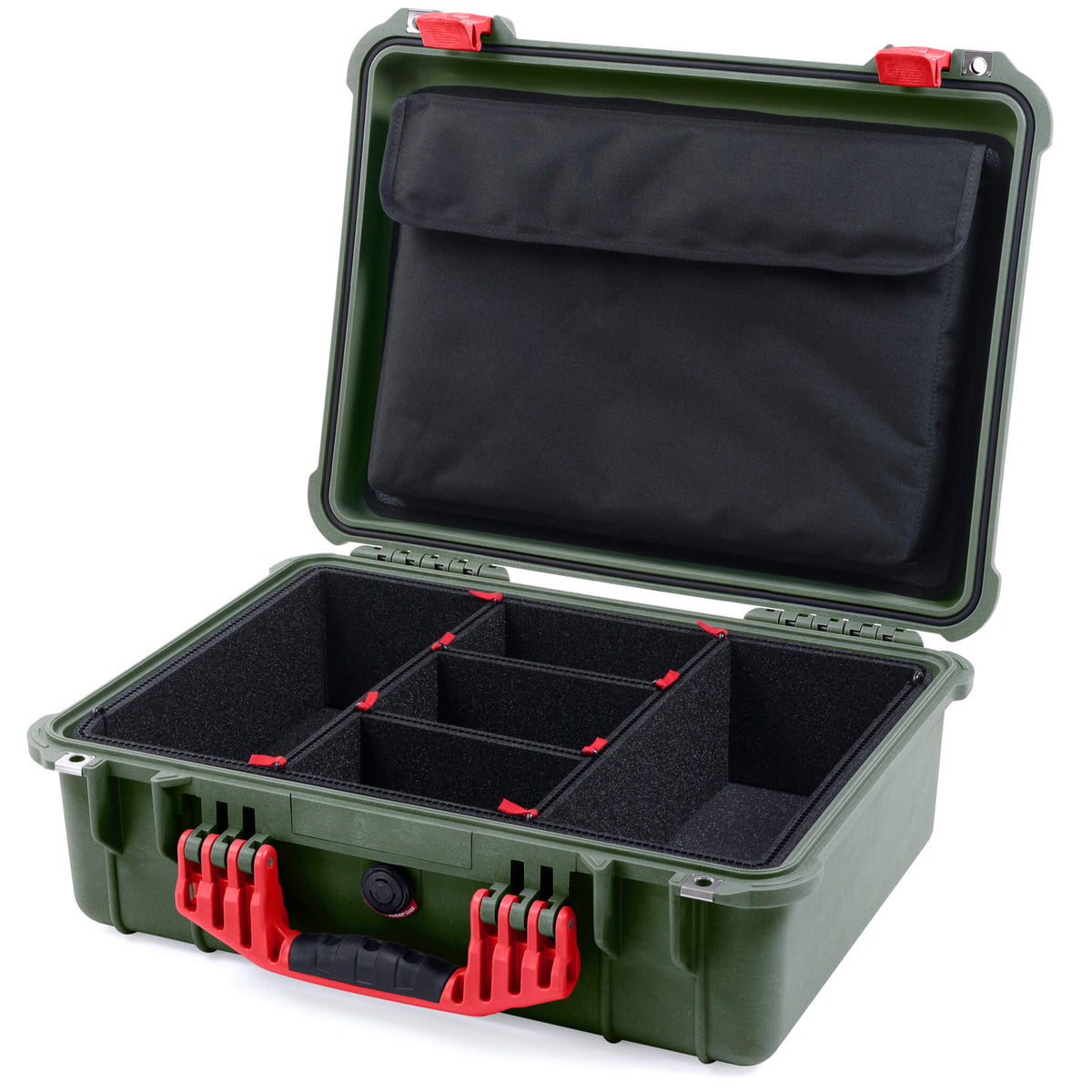 Pelican 1520 Case, OD Green with Red Handle &amp; Latches TrekPak Divider System with Computer Pouch ColorCase 015200-0220-130-320