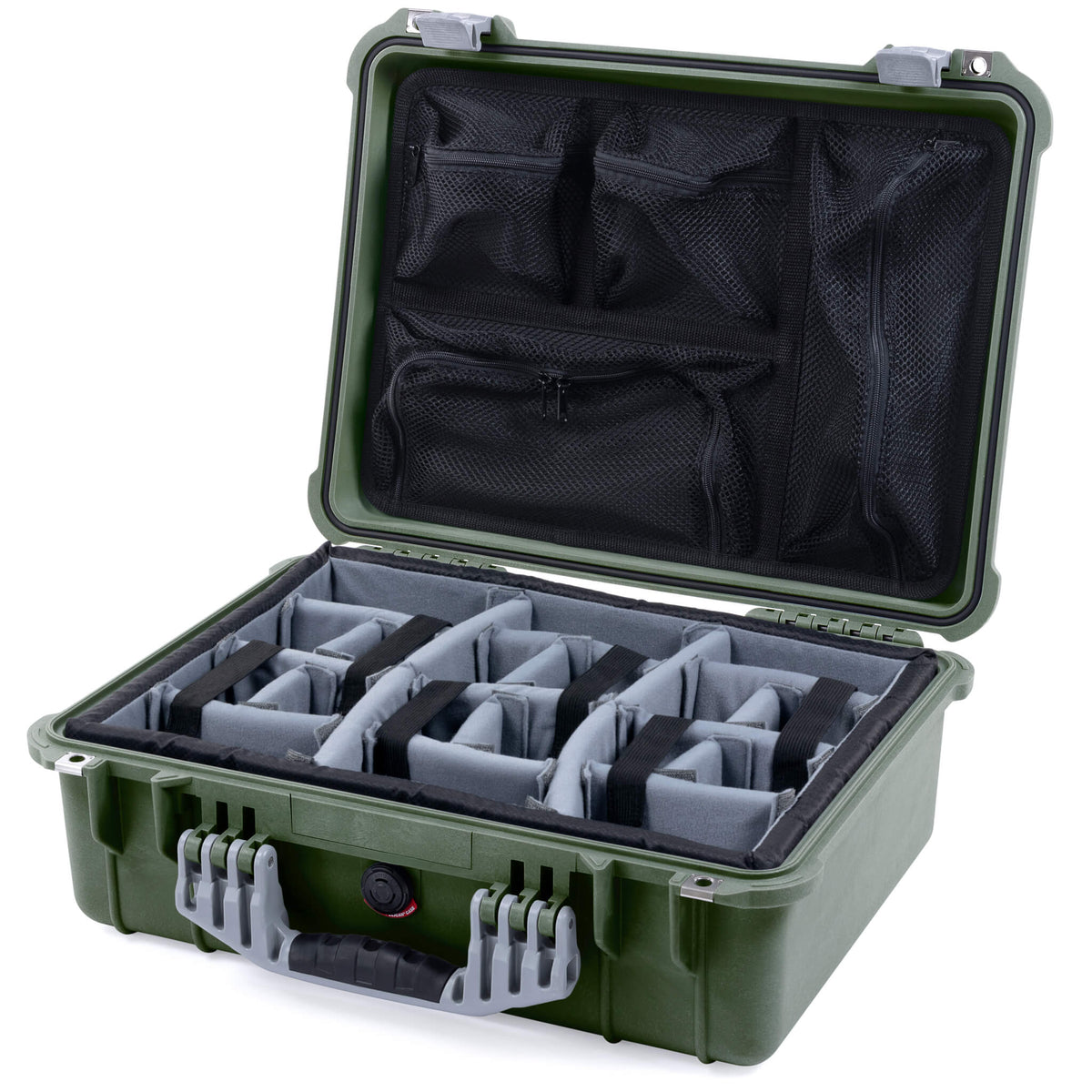 Pelican 1520 Case, OD Green with Silver Handle &amp; Latches Gray Padded Microfiber Dividers with Mesh Lid Organizer ColorCase 015200-0170-130-180