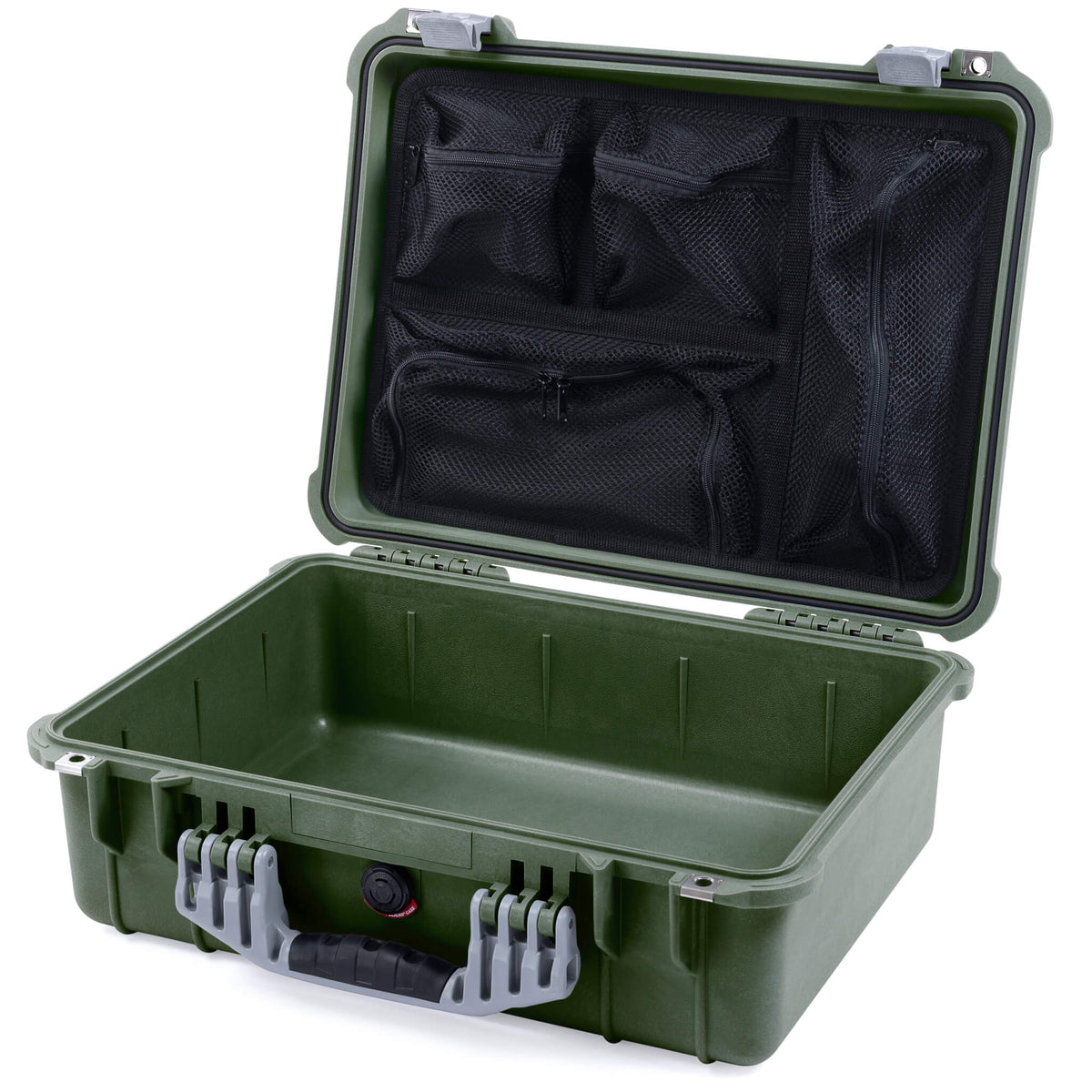 Pelican 1520 Case, OD Green with Silver Handle &amp; Latches Mesh Lid Organizer Only ColorCase 015200-0100-130-180