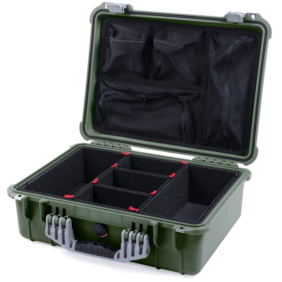 Pelican 1520 Case, OD Green with Silver Handle &amp; Latches TrekPak Divider System with Mesh Lid Organizer ColorCase 015200-0120-130-180