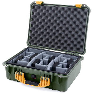 Pelican 1520 Case, OD Green with Yellow Handle & Latches Gray Padded Microfiber Dividers with Convolute Lid Foam ColorCase 015200-0070-130-240