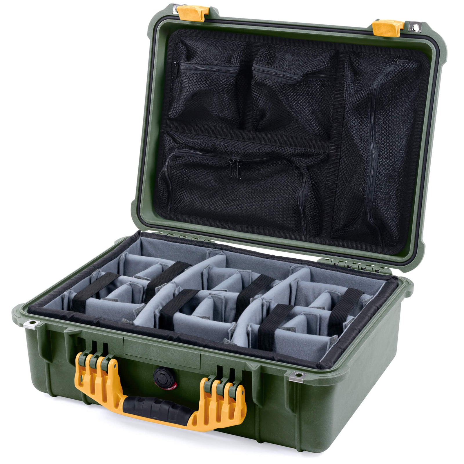 Pelican 1520 Case, OD Green with Yellow Handle & Latches Gray Padded Microfiber Dividers with Mesh Lid Organizer ColorCase 015200-0170-130-240