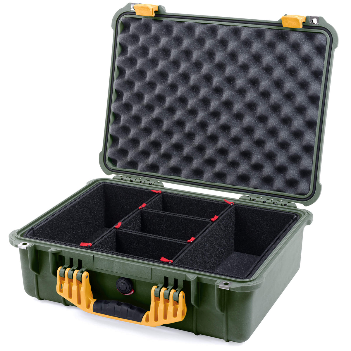 Pelican 1520 Case, OD Green with Yellow Handle &amp; Latches TrekPak Divider System with Convolute Lid Foam ColorCase 015200-0020-130-240