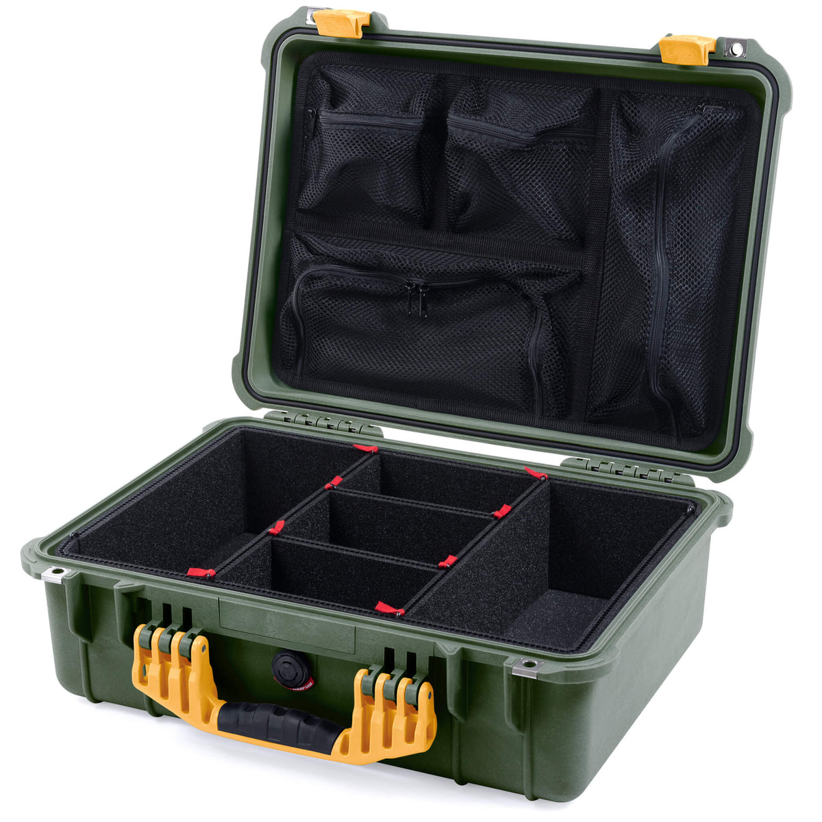 Pelican 1520 Case, OD Green with Yellow Handle &amp; Latches TrekPak Divider System with Mesh Lid Organizer ColorCase 015200-0120-130-240