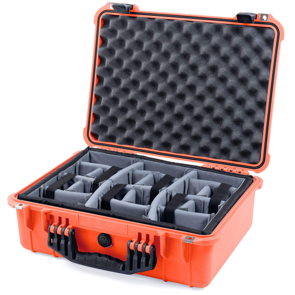 Pelican 1520 Case, Orange with Black Handle &amp; Latches Gray Padded Microfiber Dividers with Convolute Lid Foam ColorCase 015200-0070-150-110