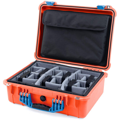 Pelican 1520 Case, Orange with Blue Handle & Latches Gray Padded Microfiber Dividers with Computer Pouch ColorCase 015200-0270-150-120